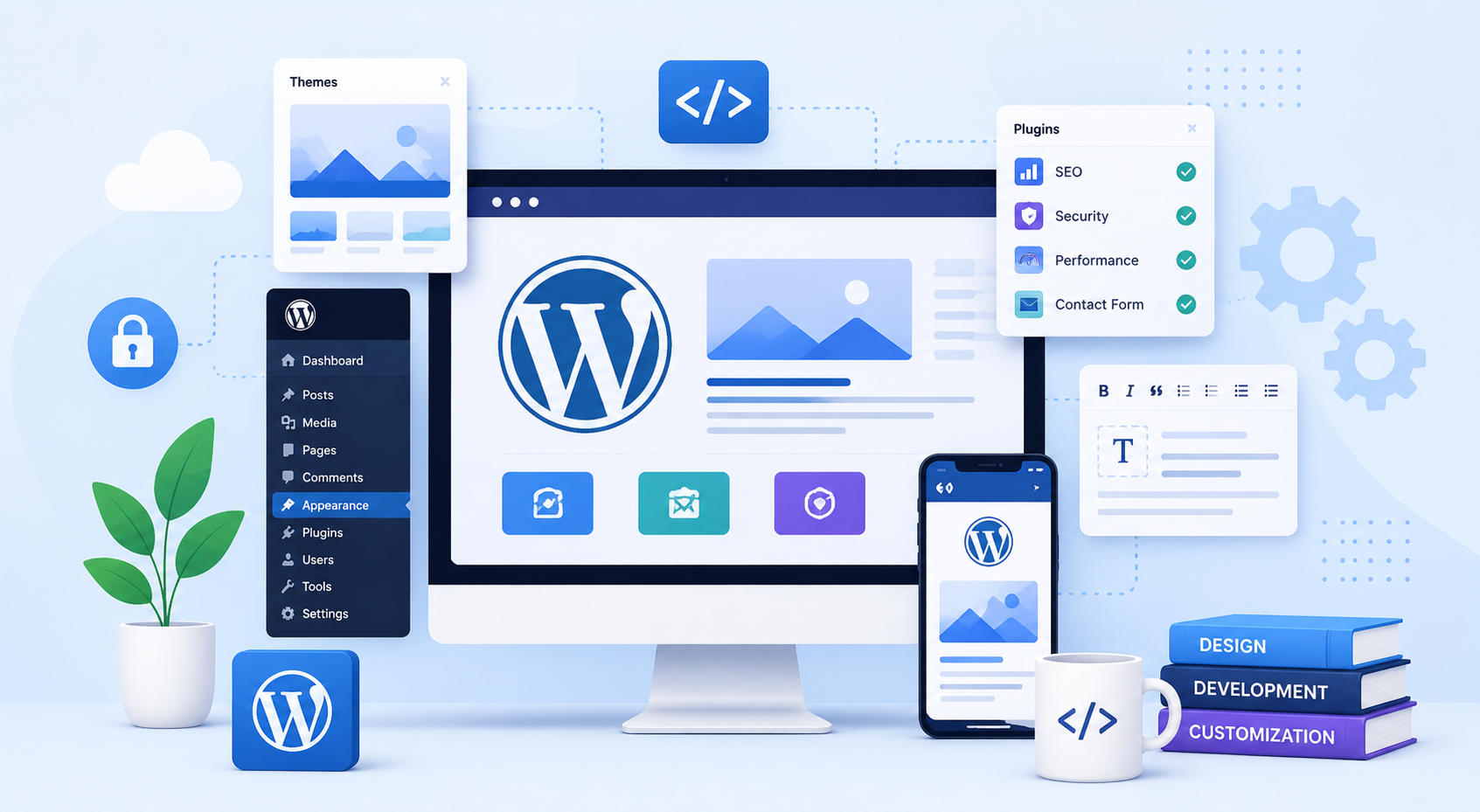 WordPress development illustration with themes, plugins, SEO, and customization