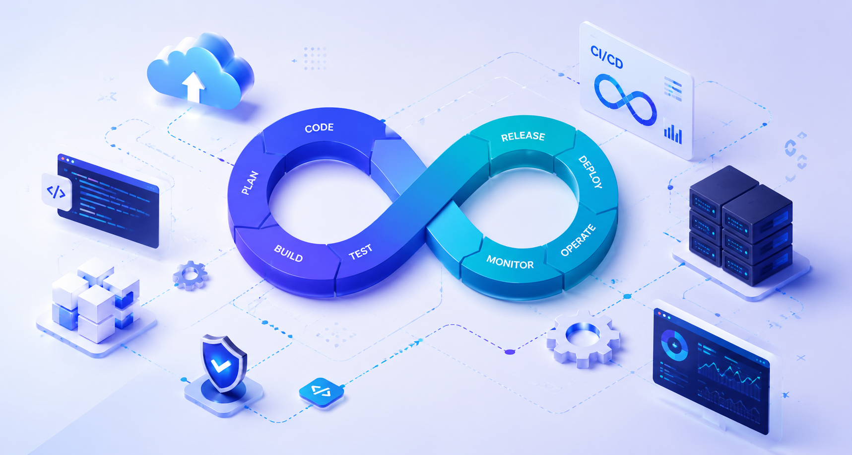 DevOps services illustration with CI/CD, cloud infrastructure, and automation