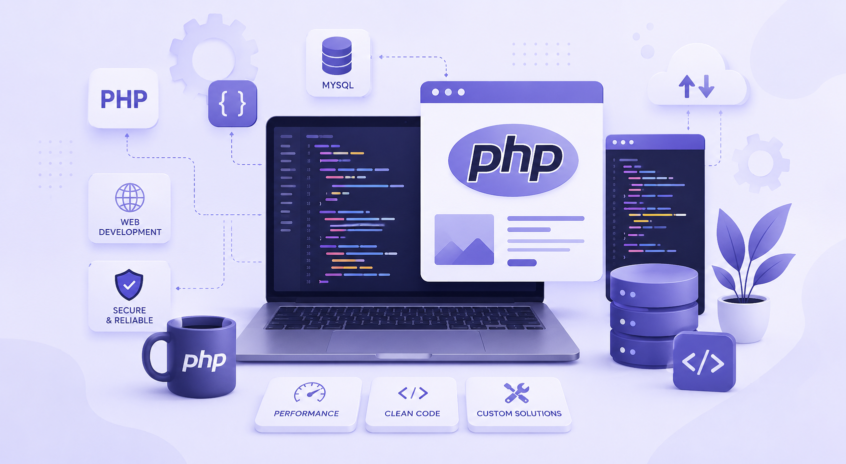 PHP web development illustration with MySQL, secure coding, and custom solutions