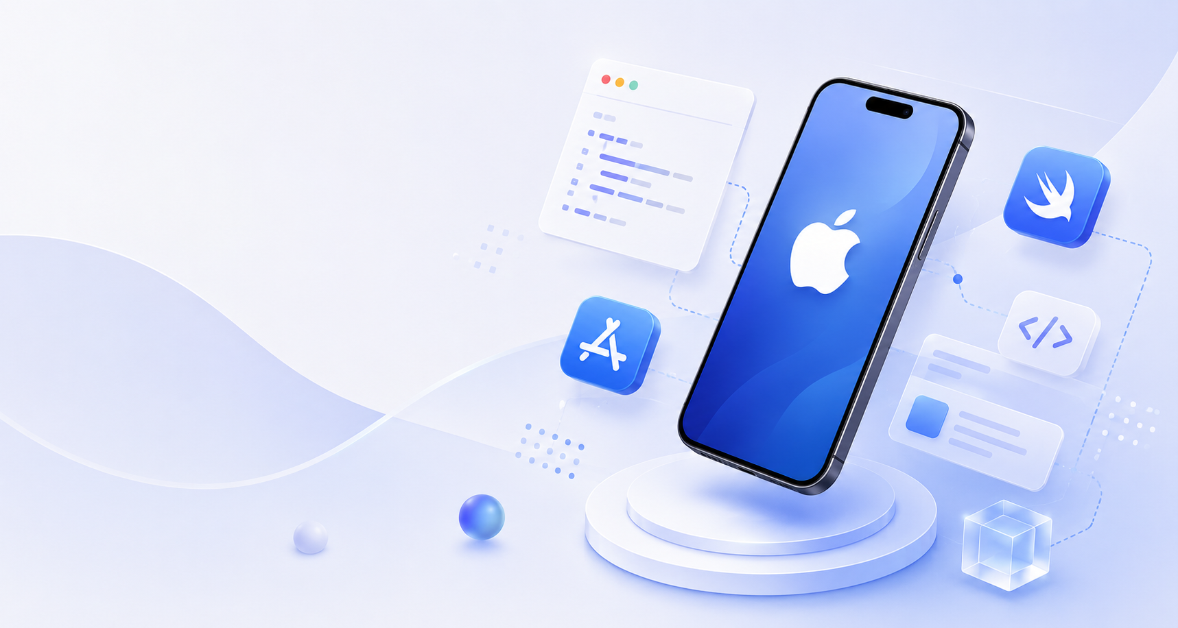iOS app development illustration with Swift, App Store, and Apple ecosystem