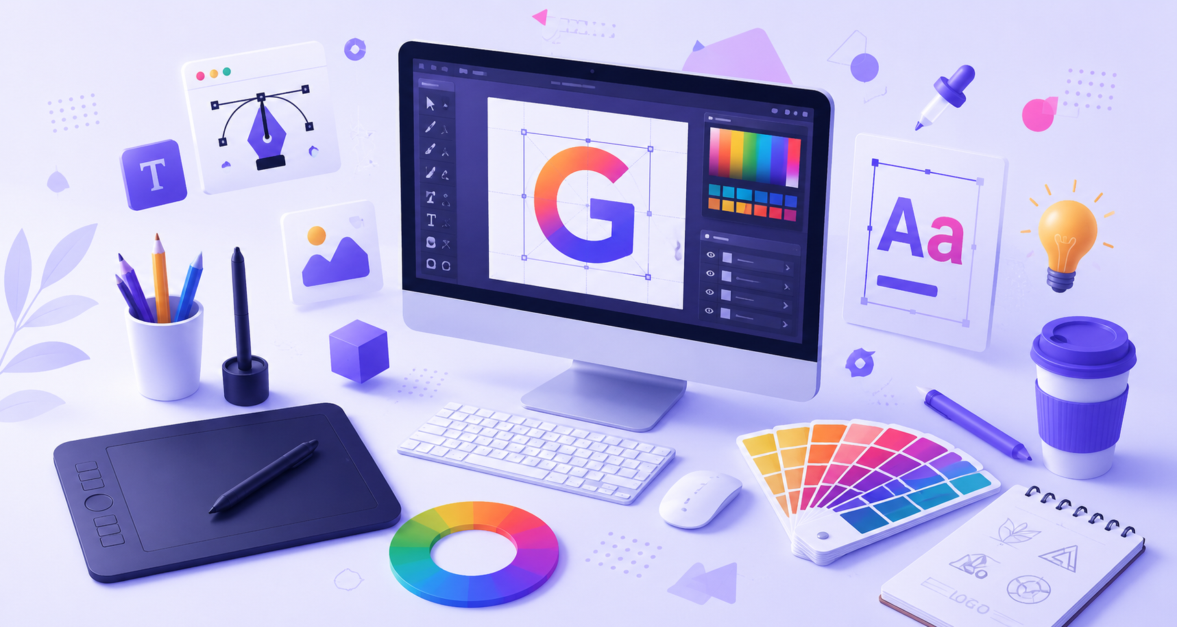 Graphic design illustration with branding, logos, color palettes, and creative tools