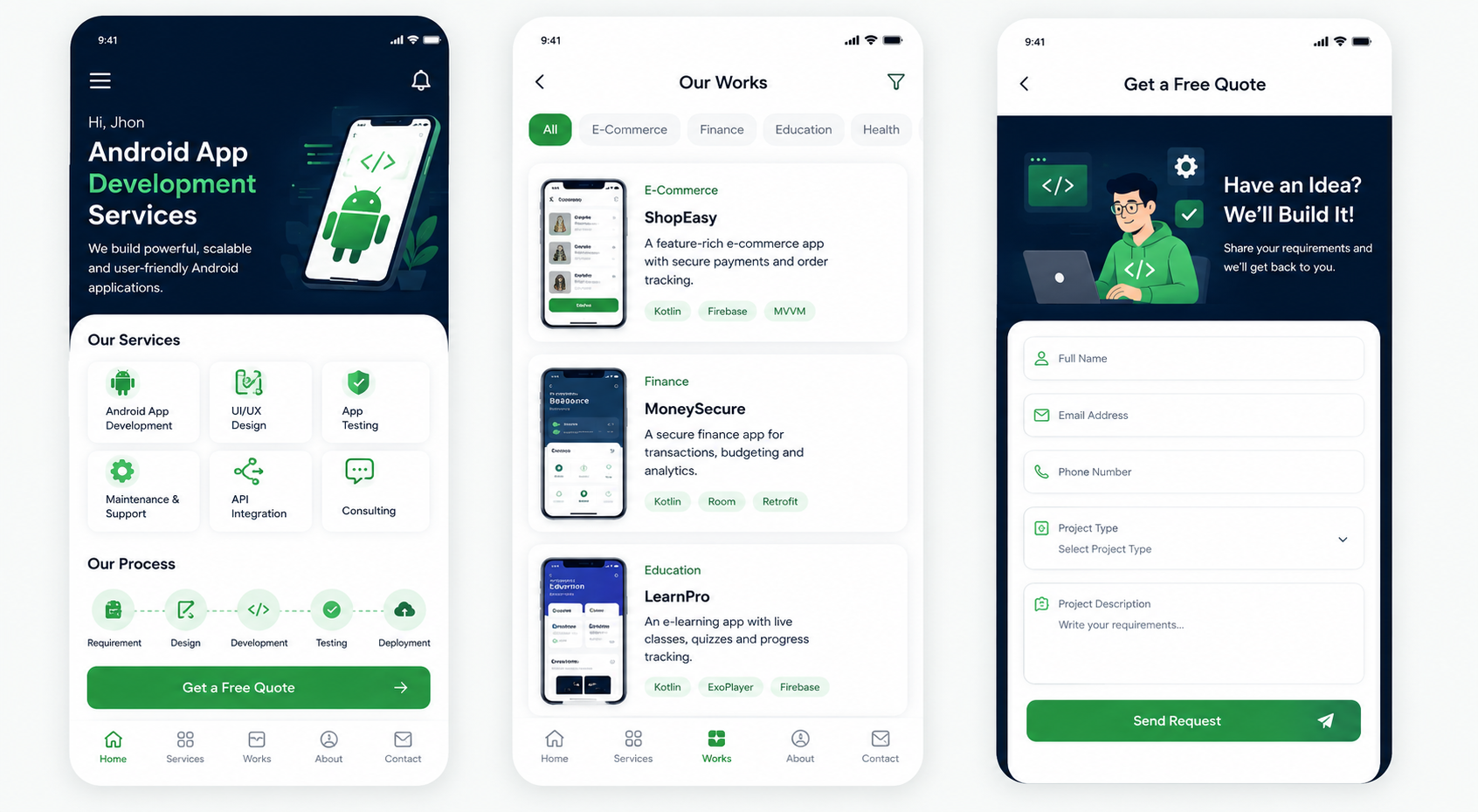 Android app development illustration with Kotlin, UI/UX, and Google Play deployment