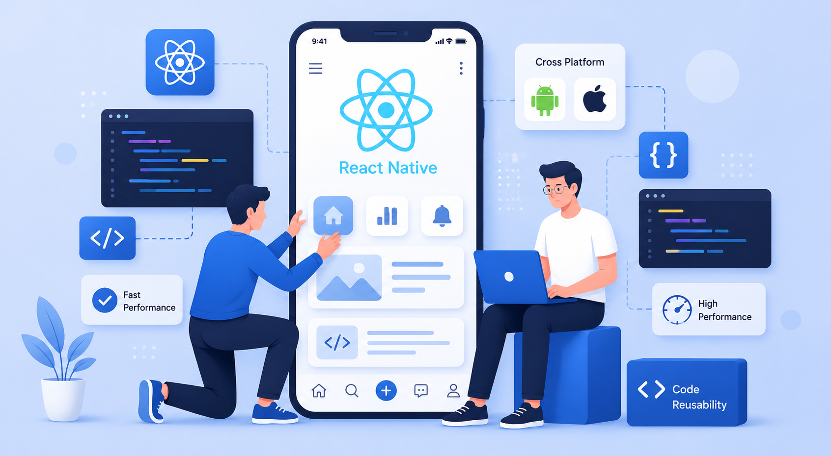 React Native app development illustration with cross-platform iOS and Android support