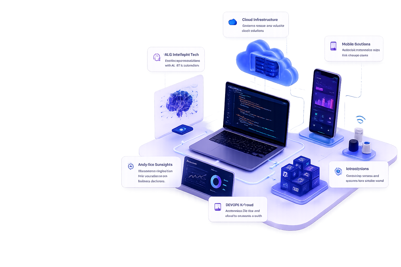 Isometric illustration of cloud infrastructure, mobile solutions, AI, analytics, and DevOps technology services