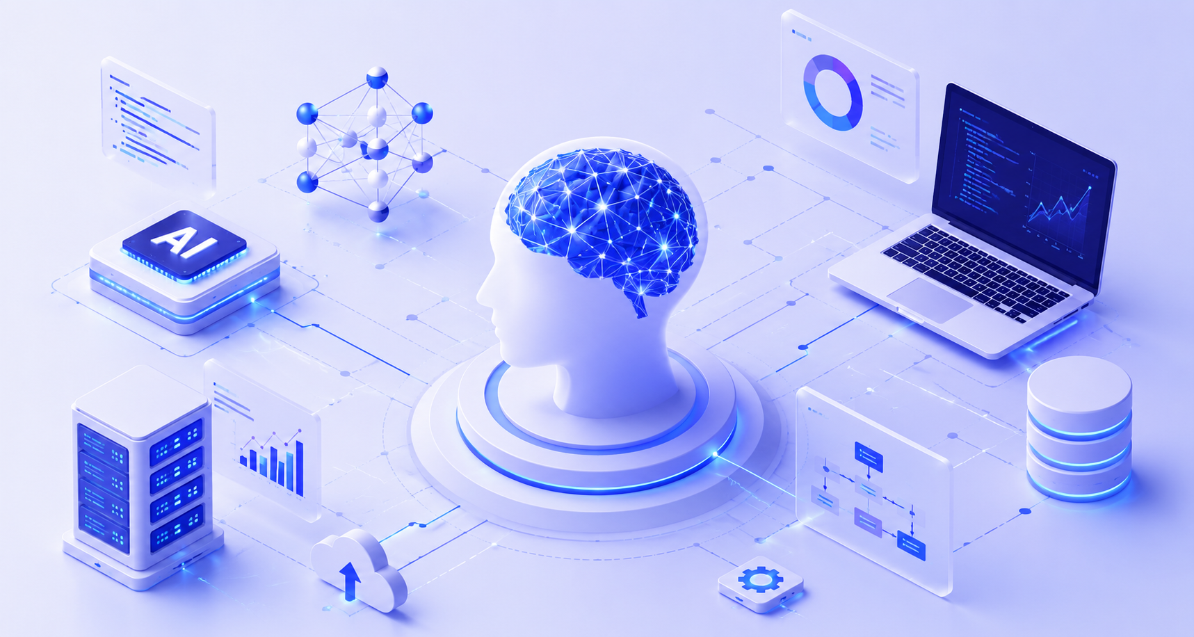 AI and machine learning illustration with neural networks, data analytics, and automation