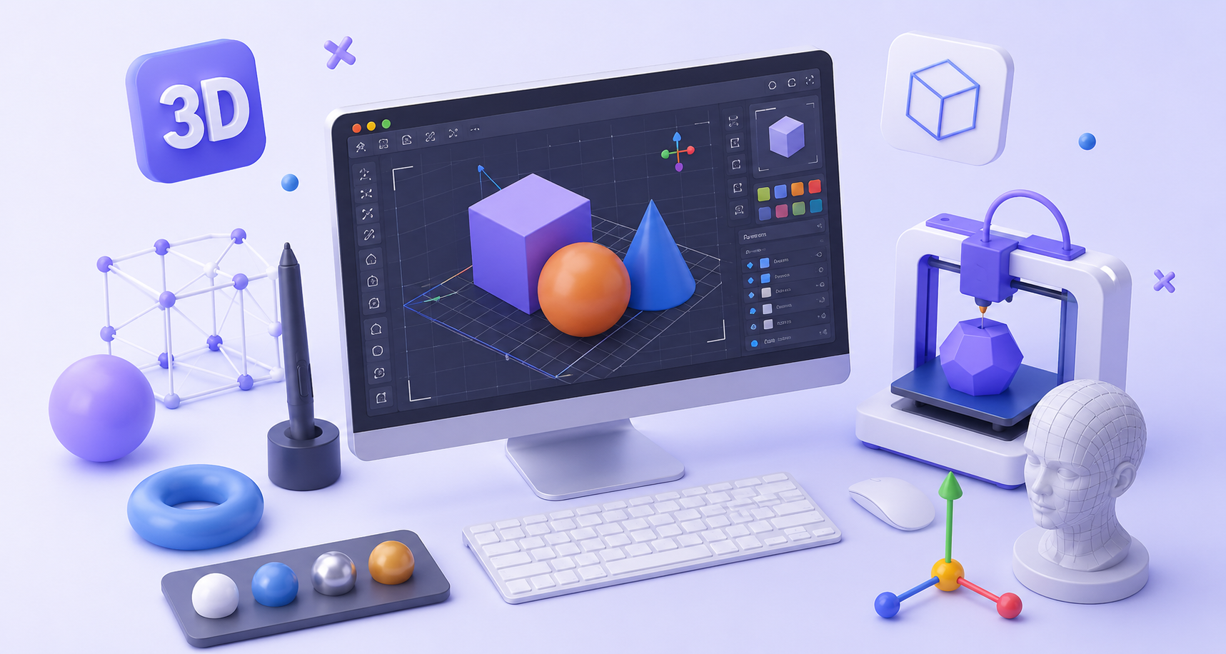 3D design illustration with modeling software, 3D printing, and product visualization