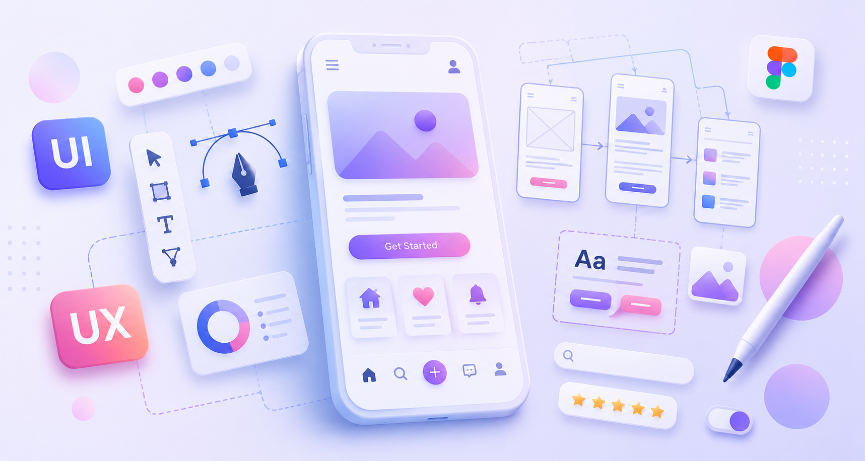 UI/UX design illustration with wireframes, prototypes, and mobile interface design